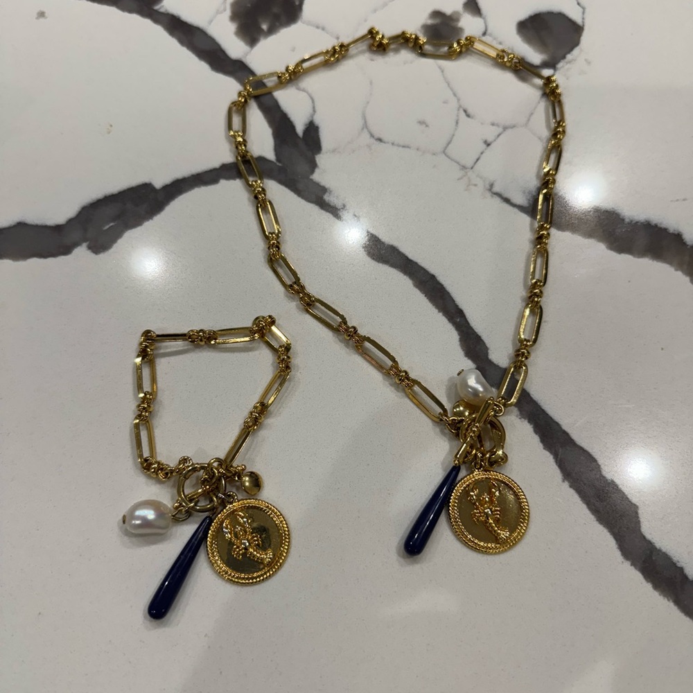 J. Crew Gold and Navy Necklace and Bracelet Set